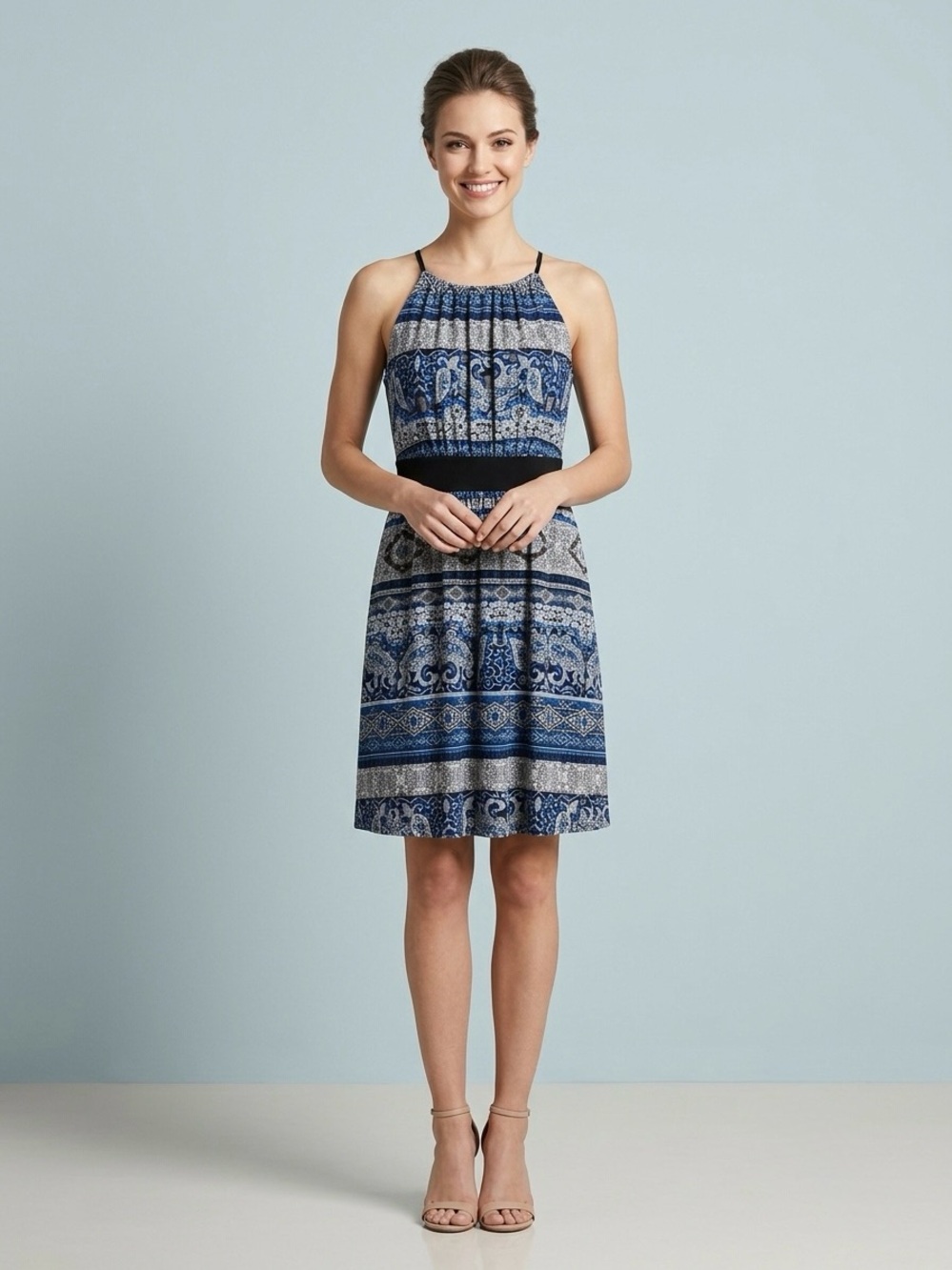 Navy Printed Halter Midi Dress with Defined Waist